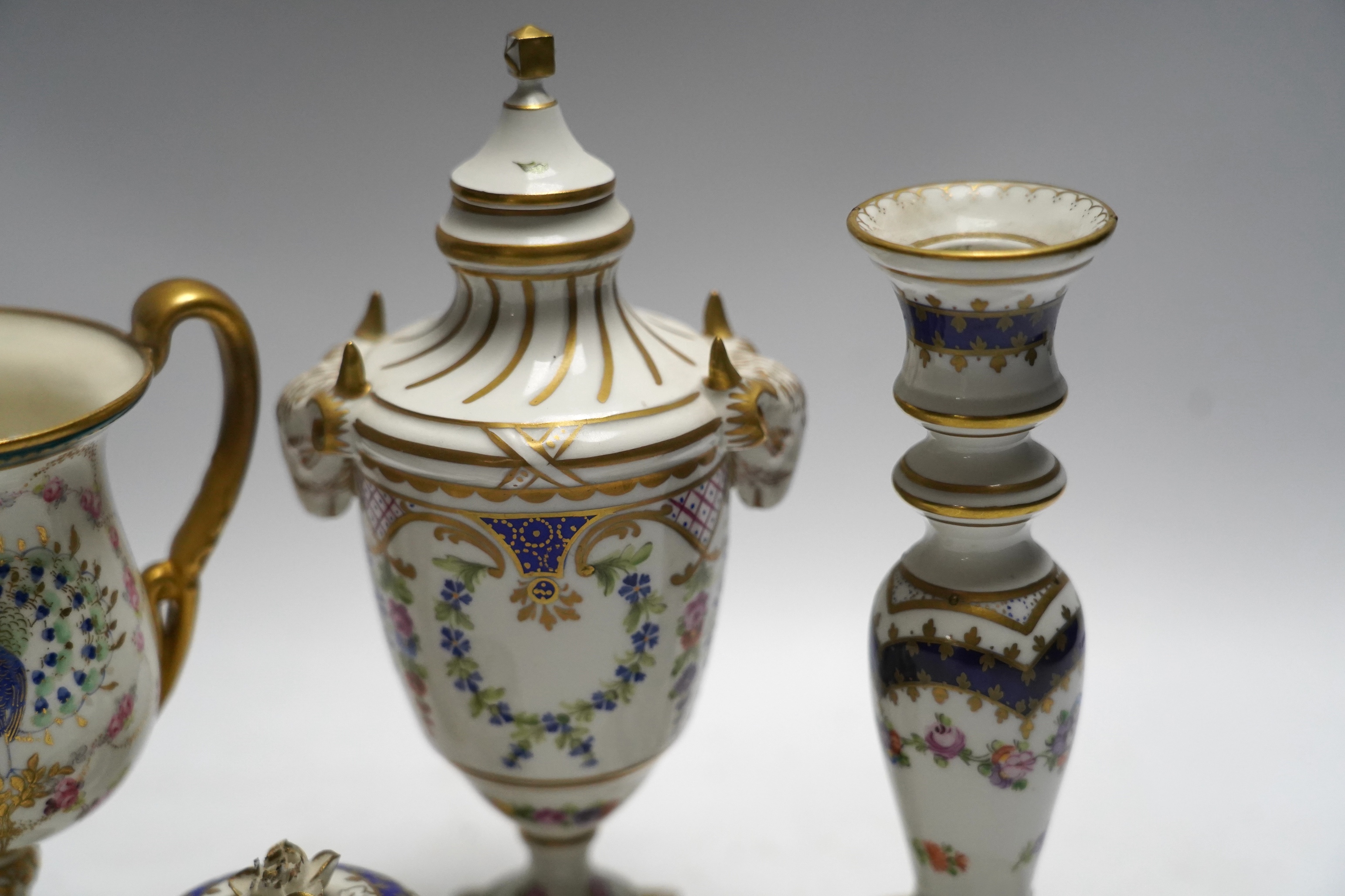 Three pairs of Dresden decorative porcelain items and a pair of Royal Crown Derby ‘Peacock’ urns, tallest 20cm (8)